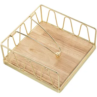 DRW Serviettenhalter aus Metall mit Holzsockel in Gold und Natur, 18 x 18 x 8 cm