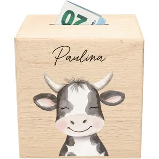 Kuh Spardose für Kinder personalisiert Bauernhof Tiere Sparbox aus Holz Sparschwein mit Schlüssel Geschenk für Jungen & Mädchen Holzspardose