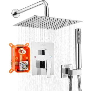 Vevor Duscharmatur Regenduschsystem fürs Badezimmer Duschsystem mit 254 mm quadratischen Regenduschkopf & Handbrause, wandmontierte Badezimmerarmaturen mit Messingventil & Zierset, Silberchrom