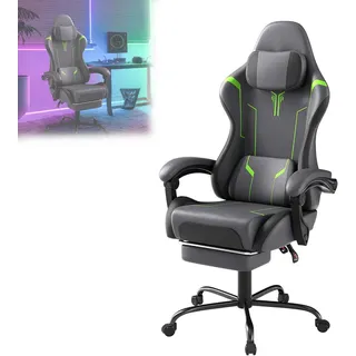 VA-Cerulean Gaming Stuhl Massage Computerstuhl Ergonomisch Gaming Sessel Bürostuhl Drehstuhl mit Massage Lendenkissen, Fußstütze, Gepolsterte Armlehnen Kopfstütze Schreibtischstuhl Gaming Chair(Grau) - Grau