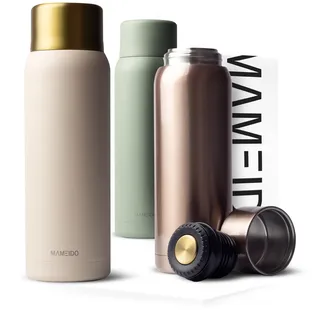 MAMEIDO Thermoskanne mit Becher 1 l aus Edelstahl, Isolierkanne bis zu 12h heiß, auslaufsichere Thermosflaschen BPA frei, Kaffee & Tee unterwegs (Ivory Beige Gold)