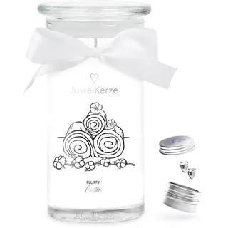 JuwelKerze Fluffy Cotton Ohrringe Silber - Schmuckkerze 80 Std - große Duftkerze mit Baumwolle & Leinen Duft - weiße Kerze mit Schmuck Überraschung - Geschenke für Frauen, Geburtstag