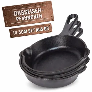 BBQ BOSS Gusseisen Pfännchen [3er Set] Gusseisenpfanne – Grill Pfanne – Grillpfännchen – Ø14,5cm – je 250ml – klein