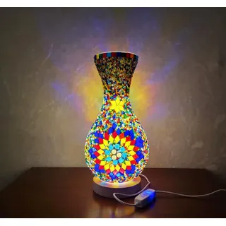Maimeili Retro türkische Mosaik Vase Lampe türkische marokkanische Tischlampe bunte handgefertigte Glasvase mit Holzbasis für Blumen USB Lade Dekor Licht für Schlafzimmer Umgebung Wohnzimmer