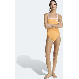 Badeanzug ADIDAS PERFORMANCE "MIT DÜNNEN TRÄGERN UND V-FÖRMIGEM RÜCKENDESIGN", Damen, Gr. 42, N-Gr, pure tangerine, bliss lila, Obermaterial: 100% Polyester, Badeanzüge Badeanzug