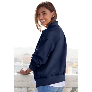 Blouson FRENCH CONNECTION, Damen, Gr. S (36/38), blau (dunkelblau), Web, Obermaterial: 100% Polyester. Futter: 85% Polyester, 15% Baumwolle. Ärmelfutter: 100% Polyester, unifarben, lässig geschnitten hüftlang, Rippbündchen, Jacken Blouson, mit College-Kragen, Topseller