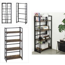 FurnitureR 4-Tier Folding Bookcase, industrielles freistehendes multifunktionales dekoratives Lagerregal, rustikales hölzernes Metallregal für Wohnzimmer und Büro