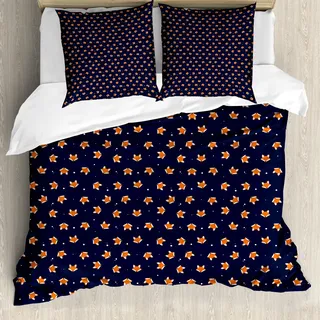 ABAKUHAUS Fuchs Bettbezug, Kleine orange Wald Säugetier, Milbensicher Allergiker geeignet mit Kissenbezügen, 155 cm x 220 cm - 80 x 80 cm, Navy Blau Orange - Orange