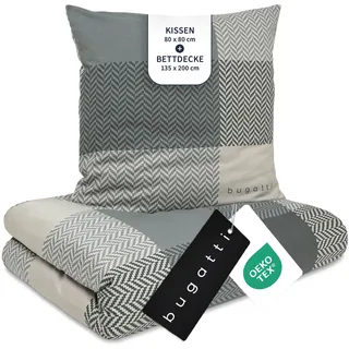 bugatti Bettwäsche 135x200 cm 100% Baumwolle - 2-teilig, Karomuster grau | 2in1 Kombibettwäsche Satin-Flanell - Bettwäsche Set inkl. 80x80 cm Kissenbezug, warm & waschbar mit Reißverschluss, Bettbezug