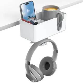 KDD 4 in 1 Getränkehalter Schreibtisch mit Kopfhörerständer Tisch, Becherhalter Schreibtisch & 360° Drehbar Headset Halterung mit Abnehmbar Stiftehalter für Tasse Handy Stift Gaming Zubehör (Weiß)