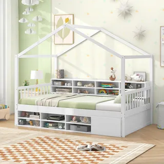 COSTWAY Hausbett 90x200cm, Kinderbett mit Rausfallschutz, 14 Fächern, integriertem Schrank & Lattenrost, Jugendbett bis 200kg, für Kinder Weiß - Weiß