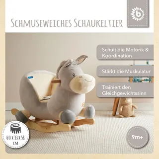 Bieco Plüsch Schaukeltier Esel Fips, 60 cm | Kinder Schaukelstuhl mit Sicherheitsgurt | Baby Schaukel | Schaukel Kleinkind | Schaukeltier Baby | Baby Schaukelwippe ab 9 Monate | Schaukelpferd Holz - Grau