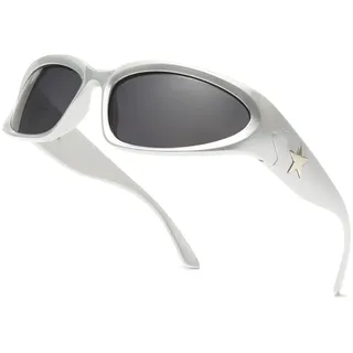 Long Keeper Polarisierte Sport Sonnenbrille Herren Damen Y2K Sonnenbrille Polarisiert Fahrradbrille Sportbrille Wrap Around Brille (Silber #Sternentempel, Dunkelgrau)