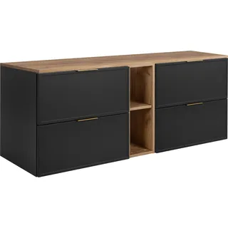 Badezimmerschrank, Dunkelgrau / Craft-Eiche, Goldene Griffe, 140 ( 2 x 60 + 20) x 46 x 57 cm - Grau