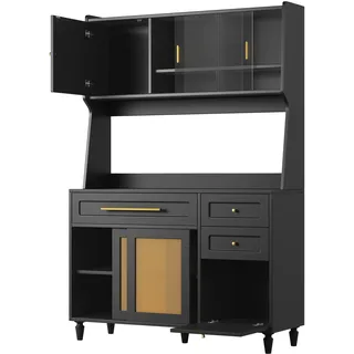 Flieks Hochschrank mit LED, 120x45x195.5 cm, Küchenbuffet mit Rattan Schiebetüren, Aufbewahrungsschrank im Landhausstil, schwarz - Schwarz