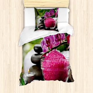 ABAKUHAUS Spa Mantele, Schwarze Steine Asian, Milbensicher Allergiker geeignet mit Kissenbezügen, 135 cm x 200 cm - 80 x 80 cm, Fuchsia Schwarz und Grün - Schwarz