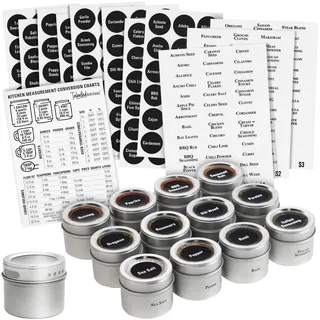 Talented Kitchen 12 magnetische Gewürzdosen und 2 Arten von Gewürzetiketten Aufbewahrungsbehälter, mit Fenster oben Siebgießer 240 vorgedruckte Gewürzaufkleber Gewürzregal am Kühlschrank