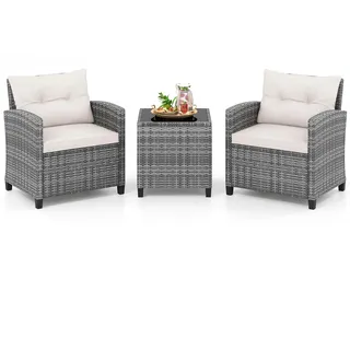 FANTASK 3-TLG. Rattan Gartenmöbel Set, 2 Gartensessel mit Kissen & Tisch mit gehärteter Glasplatte, Balkonmöbel Wetterfeste, Terassenmöbel, Sitzgruppe 2 Personen für Garten Balkon (Warmweiß)