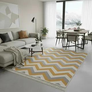 Fashion4Home Teppich Läufer - Tepiche für Wohnzimmer, Schlafzimmer, Küche, Kinderzimmer, Badezimmer - Boho Kelim - Läufer Flur, Zigzag-Gold, Größe: 120x170 cm