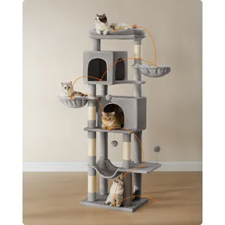 Feandrea Kratzbaum groß, XL, mehrstöckiger Katzenbaum mit Höhlen und Liegemulden - Grau