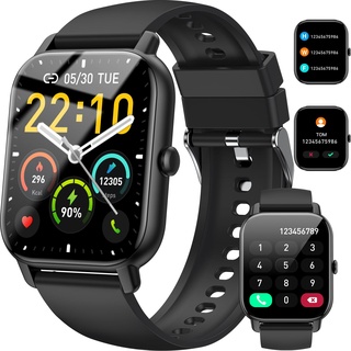 Smartwatch für Damen Herren, 1,85 Zoll Touchscreen Smart Watch mit Bluetooth Anrufe, IP68 Wasserdicht Fitnessuhr mit Herzfrequenzmonitor Schlafmonitor Schrittzähler, Sportuhr für iOS Android, Schwarz