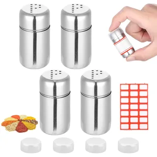 4 Stück Mini Salzstreuer für Unterwegs, 15ml Edelstahl Salzstreuer Klein mit Deckel, Mini GewüRzstreuer Camping, Geeignet für Küchen, Restaurants, Camping und Grillabende im Freien (4 P-Loch)