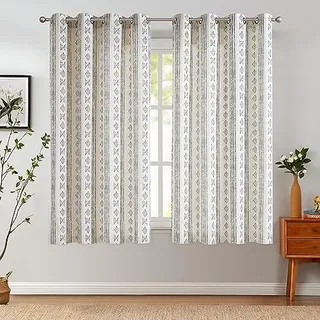 Vangao Boho Vorhänge kurz mit Ösen 2er Set 140Bx175Hcm Wohnzimmer Streifen Leinenoptik Gardinen Landhaus Fenster Gardinen Schlafzimmer Modern Gestreift Geometrisch Landhausstil Vorhang Blau und Beige