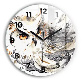 Wallfluent Wanduhr – Stilles Quarzuhrwerk - Uhr Dekoration Wohnzimmer Schlafzimmer Küche - Zifferblatt - schwarze Zeiger - 30 cm - Eule Symbol der Weisheit - Braun