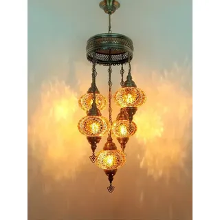 5-flammige türkische Hängelampe aus braunem Mosaikglas – orientalische Deckenleuchte mit 5 Kugeln - Braun