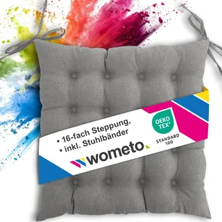 wometo Stuhl Sitzkissen 40x40 Oeko-TEX mit Bändern/Schleifen grau | gesteppte Sitzpolster / Stuhlkissen mit Steppung für Indoor und Outdoor, drinnen und draußen nutzbar