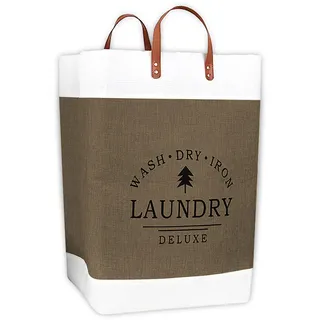 IPEA Eleganter und faltbarer Wäschekorb von Laundry – 55 cm x 33 cm – Wäschesack aus Stoff mit Griffen aus Leder – für Kleidung, Gegenstände oder Schmutzwäsche – Braun