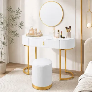 Makika Schminktisch JOLIE aus Kunstleder mit Sitzhocker und Spiegel - Gold