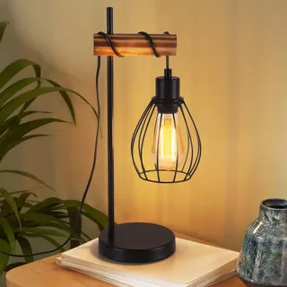 ZMH Tischlampe Wohnzimmer Vintage Tischleuchte Holz: Schwarz Nachttischlampe 1 flammig im Industrial Design aus Metall E27 Fassung Retro Nachttischleuchte für Schlafzimmer Hotel - ohne Leuchtmittel