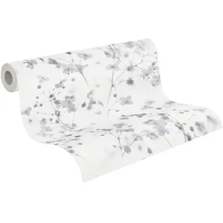 A.S. Création Blumentapete grau weiß - Tapete Blumen floral - 10,05m x 0,53m - florale Tapete - Tapete Schlafzimmer - Made in Germany