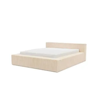 s-style möbel Noord - Modernes Polsterbett 140x200 aus Hellbeige Plüschcord mit Lattenrost und großem Bettkasten - Beige