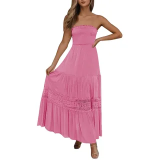 Maxikleid Damen Elegant Langes Sommer Boho Maxi Kleid Sommerkleid Lang Luftig Leicht Strandkleid,Bandeau,Rückenfrei,Swing,A Line mit Spitzenbesatz