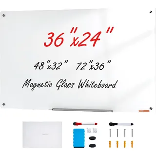 VEVOR Magnetisches Glas-Whiteboard, Wandtafel Trocken Abwischbare Tafel 90 x 60 cm, Wandmontiertes Weißes Glasboard ohne Rahmen, mit Stiftablage, einem Radiergummi& 2 Stiften, Magnettafel Weiß