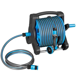 Juskys Schlauchtrommel Basic mit 30m Wasserschlauch und Multifunktionshandbrause blau dunkelgrau