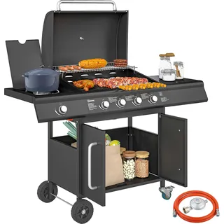 Outsunny Gasgrill 15,2 KW Grillwagen inkl 5 Edelstahl-Brenner Rolle Seitenkocher - Schwarz