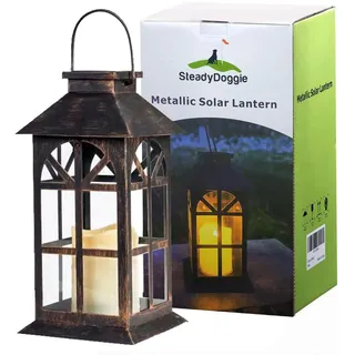 Solar Laterne für außen - mit hell flackernder LED Kerze - Tisch- und Hängelampe - in- und outdoor - extra Metall Laterne im Antik-Stil - dunkles Bronze - PVC fenster - wetterfest - 14x14x28cm