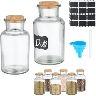 Relaxdays Gewürzgläser 8er Set, Korkdeckel, Gewürzdosen Glas, 250 ml, inkl. Etiketten, Stift & Trichter, transparent, Kork, Silikon