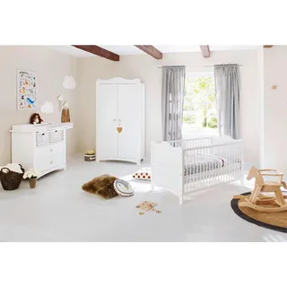 Pinolino Babyzimmer , Weiß , Holzwerkstoff , Kiefer , teilmassiv , 3 Fächer , 2 Schublade(n) Schubladen , 76x85x146 cm , zum Juniorbett umbaubar, Sprossen mit Normabstand, Lattenrost inklusive, Schlupfsprossen , Babymöbel & Kindermöbel, Babyzimmer, Babyzimmer-Serien