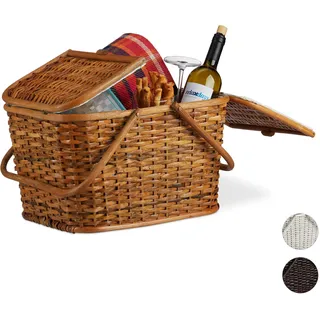 Relaxdays Picknickkorb geflochten mit Deckel 10024176_533 37 x 22 x 20 cm honigbraun