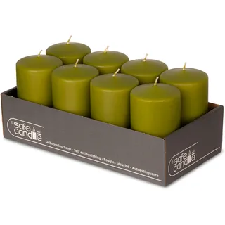 DecoLite Stumpenkerzen 13 x 7 cm, 61h Brenndauer, 8er Set, Olive | Made in Germany, RAL-geprüft, Safe Candle mit Abbrandstopp, tropffrei & rußfrei, ohne Duft, für Advent, Trauer & Tischdeko