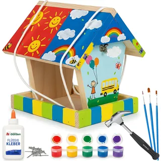 ITA DIY Futterhaus für Vögel zum Zusammenbauen und Bemalen FlybyFeeder - Vogelhaus Komplett Bausatz mit Hammer, Nägeln, Farben zum Bauen und Malen für Kinder - Bastelset für Jungen & Mädchen