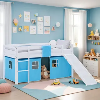 Homestyle4u Hochbett 90 x 200 cm Kiefer massiv lackiert Blau/Weiß