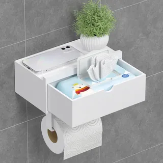 EXABANG Toilettenpapierhalter Ohne Bohren, Klopapierhalter mit Feuchttücherbox Klorollenhalter mit Ablage Bambus Papier Halterung für WC Badezimmer, Selbstklebend or Bohren Weiß