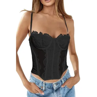 WYNNQUE Damen Sommer Spitze Bustier Mesh Sexy Vintage Spaghettiträger Offener Rücken Knochen Korsett Ausgehen Party Crop Top, Schwarz, Small