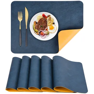 APLKER Platzsets 6er Set, rutschfest Abwaschbar Tischsets,Doppelseitigen Kunstleder Platzdeckchen, Hitzebeständig Platz-Matten für Küche Speisetisch, 43 x 30 cm (Blau/Gelb, 6pcs)