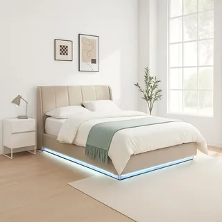 [en.casa] LED Polsterbett 'Tröstiar' mit Bettkasten Leinen 160 x 200 cm Beige - Beige